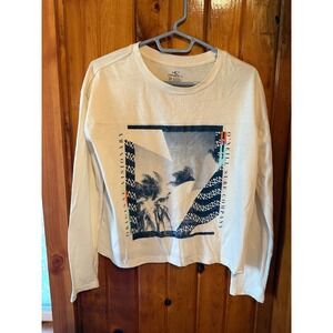 ONeill Surf Company T Shirt Top XS Long Sleeve‎ Graphic Print Cream Beach